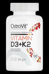 OstroVit Vitamin D3 + K2 dietary supplement bottle with 90 softgel capsules for optimal health.